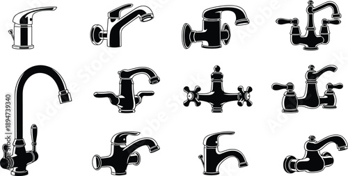 Black vector silhouette set of modern kitchen faucets and bathroom water taps isolated on white background for plumbing service home renovation or hardware design.