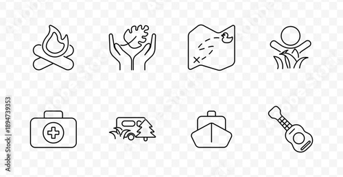 Camping and outdoor set icon. Campfire, hands with leaf, treasure map, person in grass, first aid kit, camper van, boat, guitar in nature adventure line style.