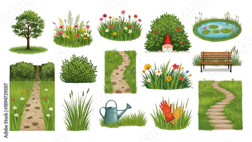 Garden Scene Elements Collection Featuring Flora and Pathway from Various Viewpoints