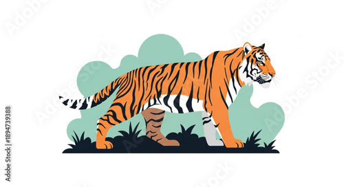 Majestic Tiger Walking Through Green Foliage Illustration.