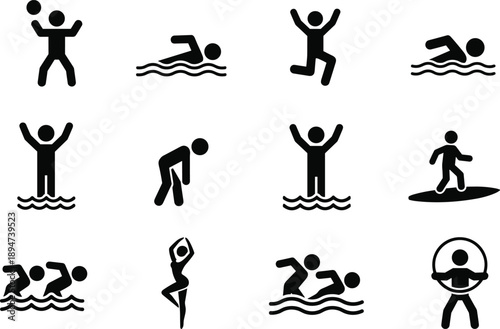 Black stick figure icon set of people swimming surfing and playing water polo isolated on white background for summer vacation or aquatic sports design