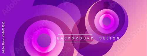Abstract circles overlap, creating vibrant purple, pink gradients. Modern design suggests technology, innovation, energy. Background features text elements.