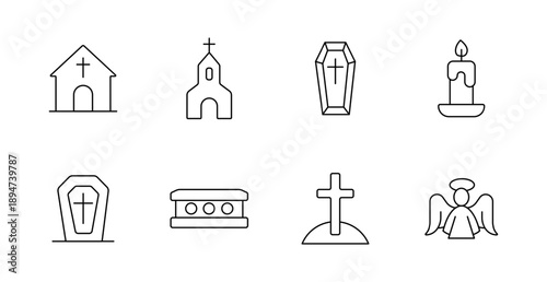 Funeral set icon. Church, coffin, grave, candle, cross, angel, tombstone, burial, ceremony, cemetery, religion, remembrance, farewell, death