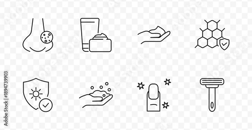 Skincare set icon. Line icons showing acne on face, skincare bottles, hand with cream, hexagonal shield, sunblock, hand washing, nails with sparkle, razor