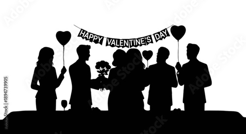 Joyful silhouettes celebrating valentine's day with balloons and flowers, expressing love and togetherness