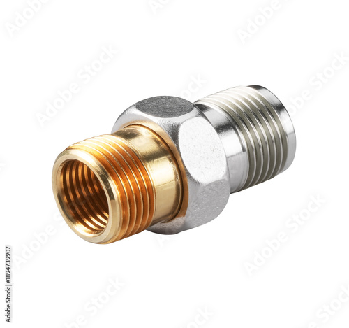 Brass and steel threaded pipe fitting connector isolated on a transparent background.