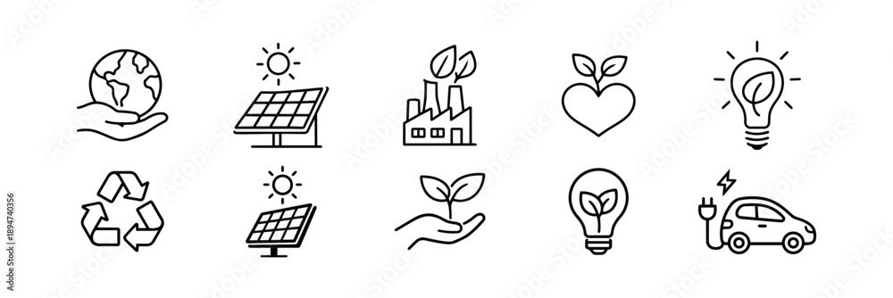 Fototapeta premium Eco Sustainability Line Icons Set – Solar, Recycling, Green Energy and Electric Car
