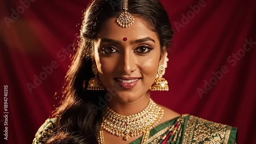 Indian Woman in Traditional Saree and Jewelry.