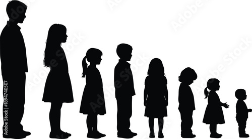 Black silhouette of children in a row from tallest to shortest showing growth progress and childhood development isolated on white background for creative design