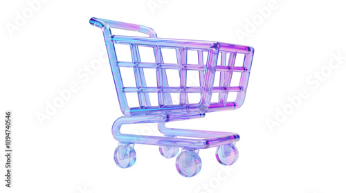 Shopping cart in holographic glass style with iridescent colors for ecommerce and retail marketing