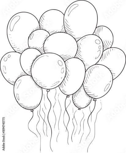 Hand drawn of a cluster of balloons with streamers bunch helium floating