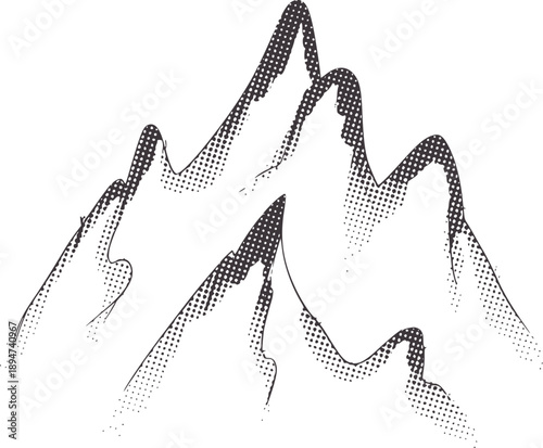 Jagged mountain peaks rendered in a minimalist with halftone shading