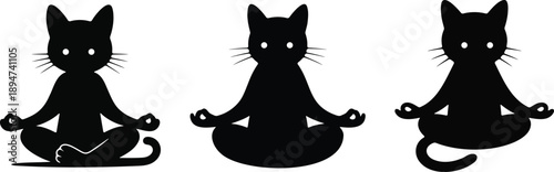 Three black cat silhouettes in meditation yoga poses isolated on white background representing calm, balance, and mindfulness concept