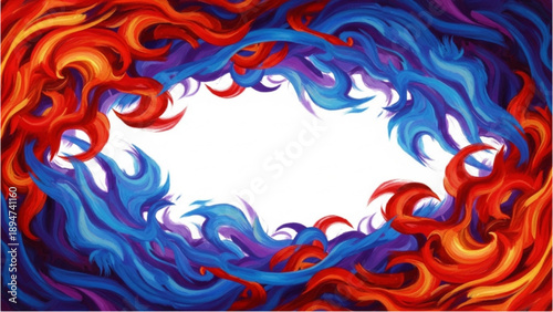 Vibrant, swirling flames and waters surround a white center, creating a dynamic abstract illustration from a direct viewpoint.