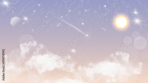 Dreamy celestial illustration featuring a glowing sun suspended in a soft pastel space sky, surrounded by gentle clouds, starlight, and shooting stars. 
