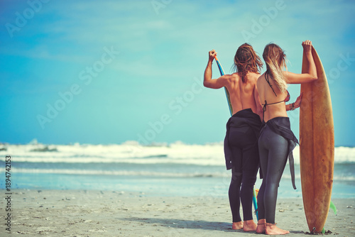 Photography Travel, surfer couple and holiday on beach for surfing adventure, check waves and vacation