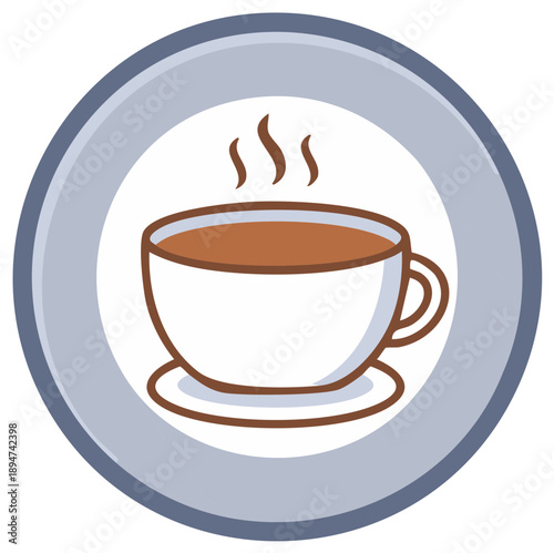 Steaming hot coffee cup with saucer icon graphic inside a grey circular border representing warmth and cafes