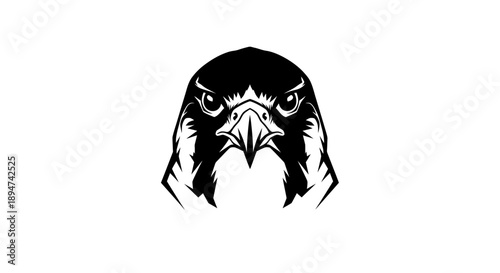 Black and white illustration of an eagle's head with sharp gaze on a plain white