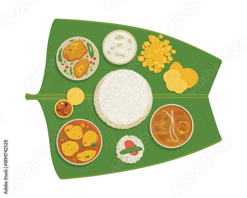 traditional indian food on banana leaf