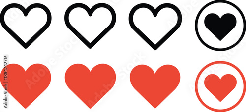 Set of black outline and red heart shapes icons representing love romance and favorite symbols isolated on white background