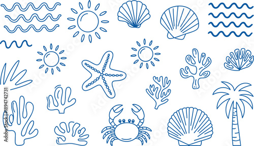 Handdrawn summer beach and ocean elements collection vector set