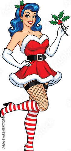 Beautiful pinup girl in sexy Christmas santa costume holding holly branch wearing striped stockings and white gloves isolated on white background for holiday design