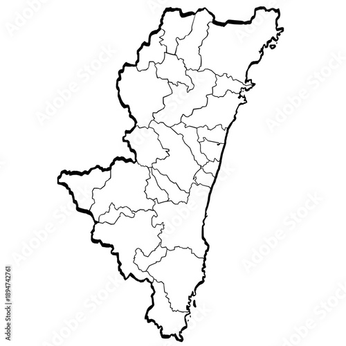 宮崎県地図 筆タッチ 市町村区分 和風 九州 西日本 / A brushstroke map of Miyazaki prefecture 2