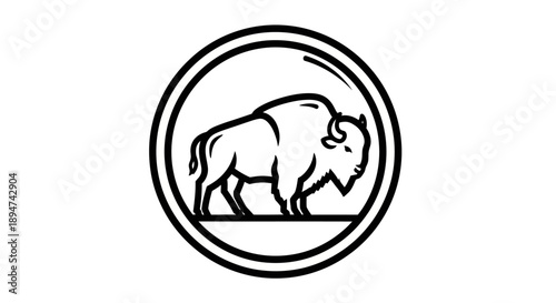 Line drawing of a bison in a circular frame on a white background.