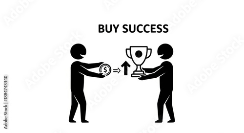 Man exchanging money for trophy representing buying success.