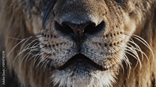 Close-up of a majestic lion's face exhaling mist in cold weather, powerful predator