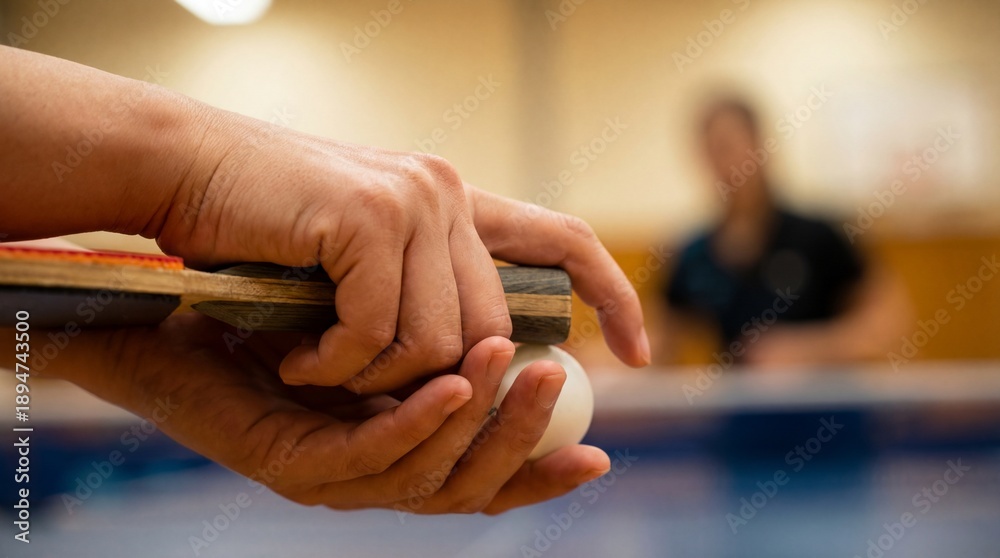 Obraz premium Focused on the action of a ping pong game, a hand tightly grips the paddle and ball, hinting at a moment of precise technique and focus.