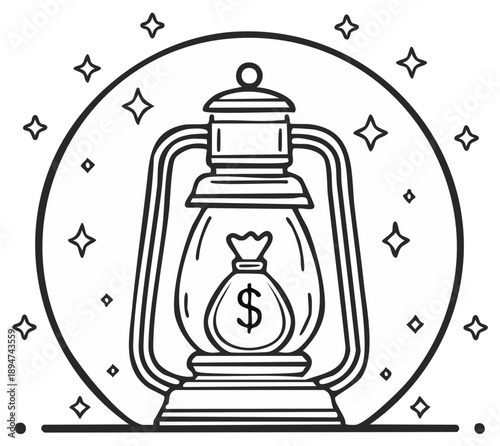 Vintage lantern with a money bag and surrounding stars