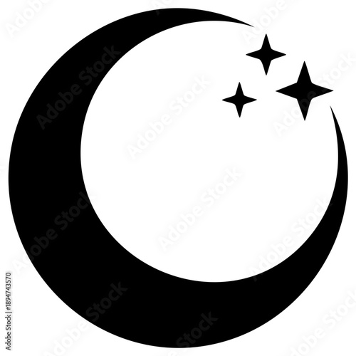 Black crescent moon and stars icon illustration for night sky or cosmic themes