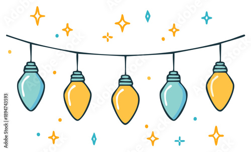 String Lights on a Cord with Decorative Stars, Bulbs in Teal and Gold