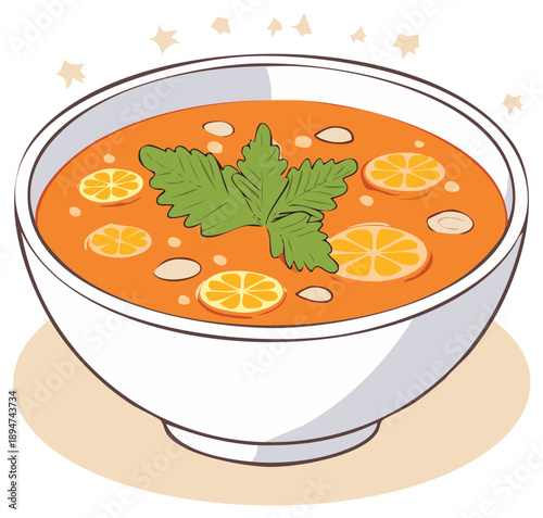 Appetizing bowl of hot soup with lemon slices and parsley garnish illustration