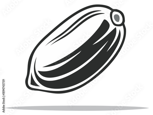 Stylized graphic illustration of a seed pod in black and white.