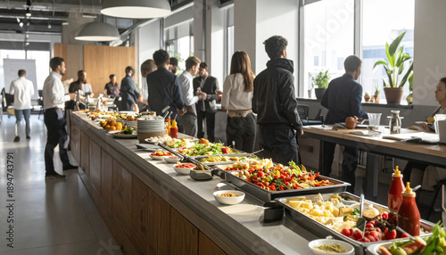 Modern office buffet catering with fresh food and employees enjoying lunch in a contemporary workplace.