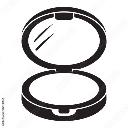 A simple black and white illustration of an open cosmetic powder compact