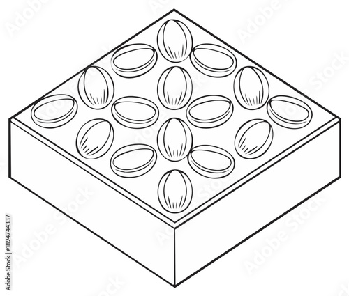 Isometric view of a toy building brick, featuring circular raised studs and rectangular form