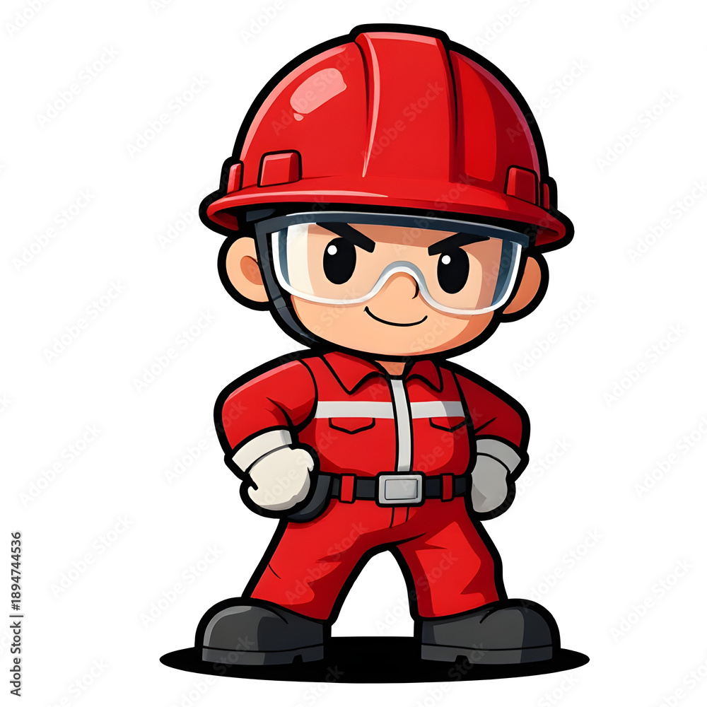 Fototapeta premium Cartoon CHIBI style construction worker. Active working posture. Ideal icon for logo, badge, branding, company mascot.