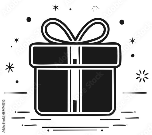 Gift box with bow and decorative stars and lines, black and white illustration