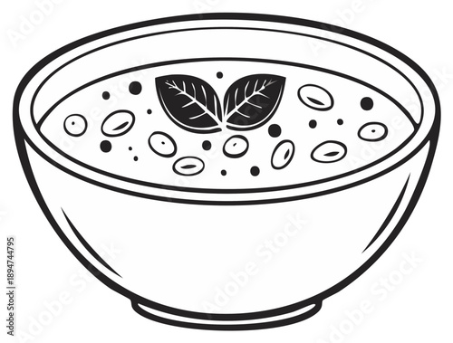 Illustration of a bowl of soup with beans and basil leaves in a simple line art style