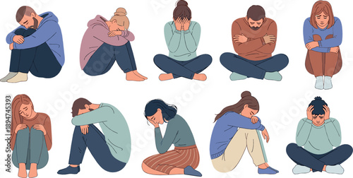 People Experiencing Depression Vector Set with Anxiety, Stress, Sadness, Emotional Pain, Loneliness and Mental Health Awareness Characters