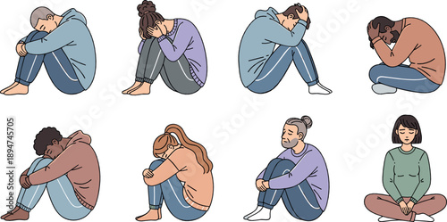 People Feeling Sad and Depressed Vector Set with Anxiety, Stress, Loneliness, Emotional Struggles and Mental Health Awareness Characters