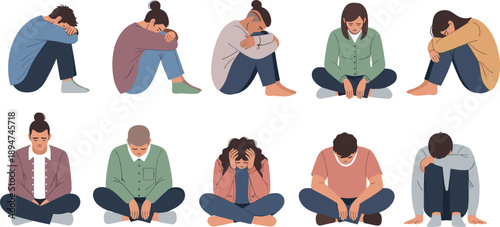 People Sitting in Depression Vector Set with Anxiety, Stress, Sadness, Emotional Struggle, Mental Health Awareness and Support Cartoon Characters