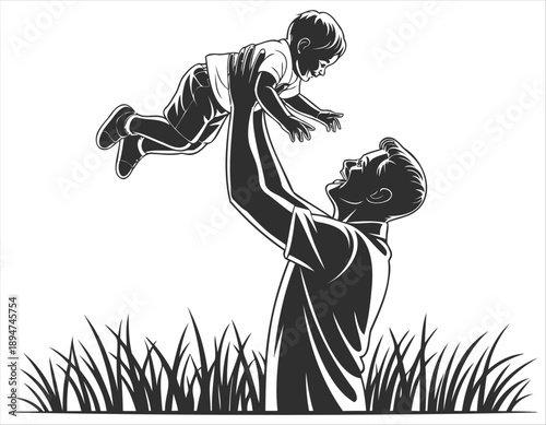 Father Lifting Child in Field Black and White daughter