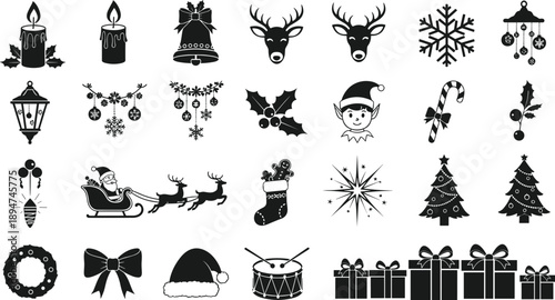 Black Christmas Icon Set Featuring Santa Sleigh Reindeer Gingerbread Stocking Candy Cane Candle Snowflake Gift Box And Holiday Tree Silhouette Vector For Festive Graphic Design