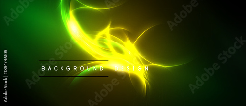 Bright yellow energy swirls over dark green background. Text reads background design below central glow. Dramatic lighting creates dynamic visual effect.