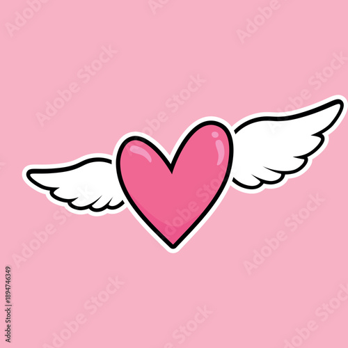 Pink heart with white wings. Set of cute love symbols. Heart tattoo. Pink and white color icons. Hearts for design. Love, romance vector icons. For gifts, Valentine's Day, birthday, party decor, cards