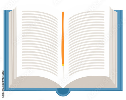 Open blue hardcover book with lined pages and orange bookmark illustration